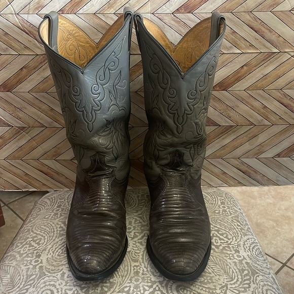 Vintage‎ JUSTIN 8326 lizard & leather 2 tone gray cowboy boots men’s size 8 EE